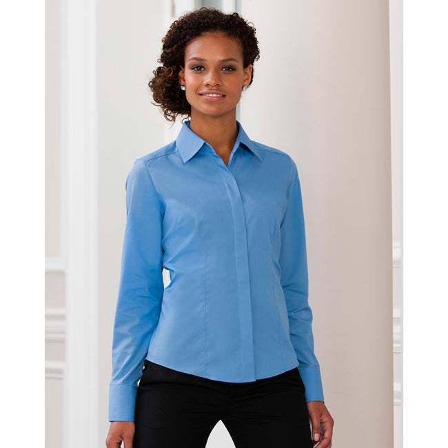 Blau - Lifestyle - Russell Collection Popelin Bluse - Hemd, Langarm, pflegeleicht, tailliert