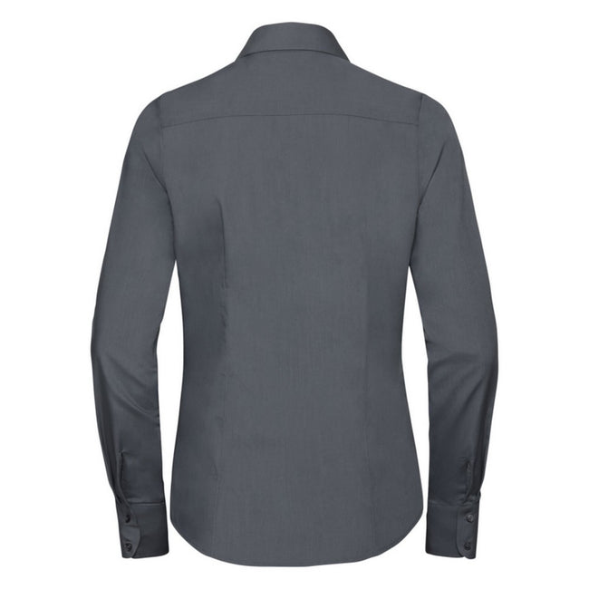 Grau - Back - Russell Collection Popelin Bluse - Hemd, Langarm, pflegeleicht, tailliert