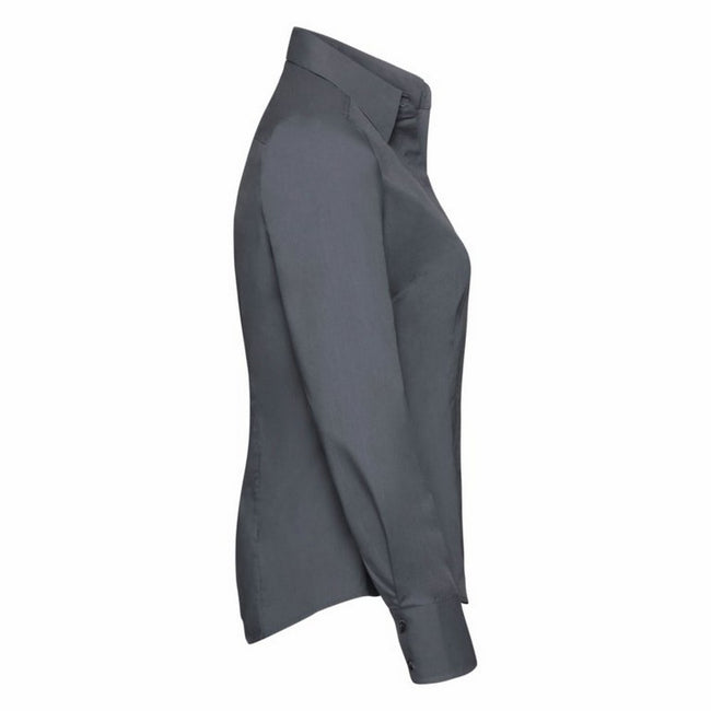 Grau - Side - Russell Collection Popelin Bluse - Hemd, Langarm, pflegeleicht, tailliert