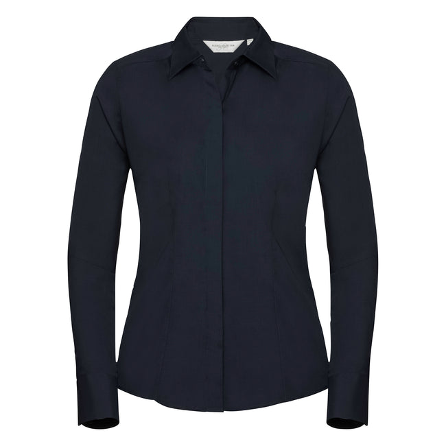 Marineblau - Front - Russell Collection Popelin Bluse - Hemd, Langarm, pflegeleicht, tailliert