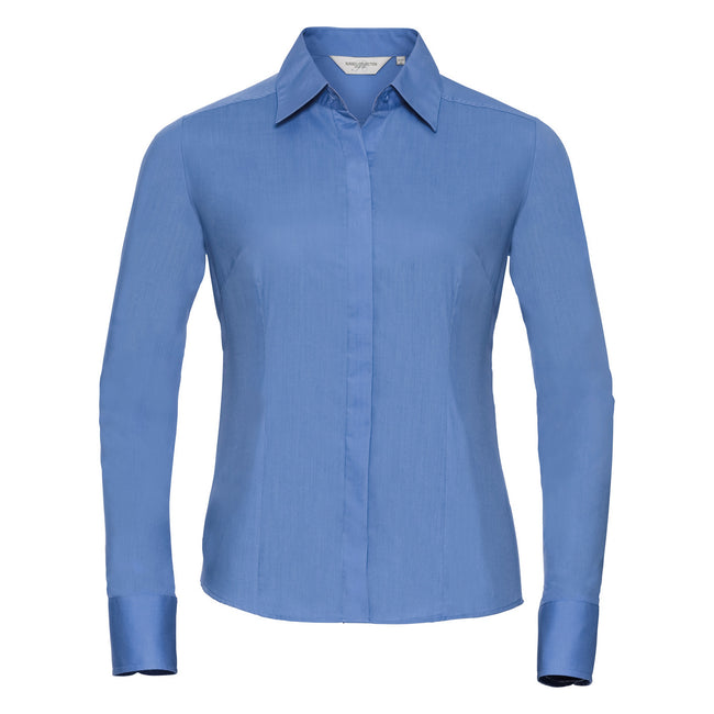 Blau - Front - Russell Collection Popelin Bluse - Hemd, Langarm, pflegeleicht, tailliert