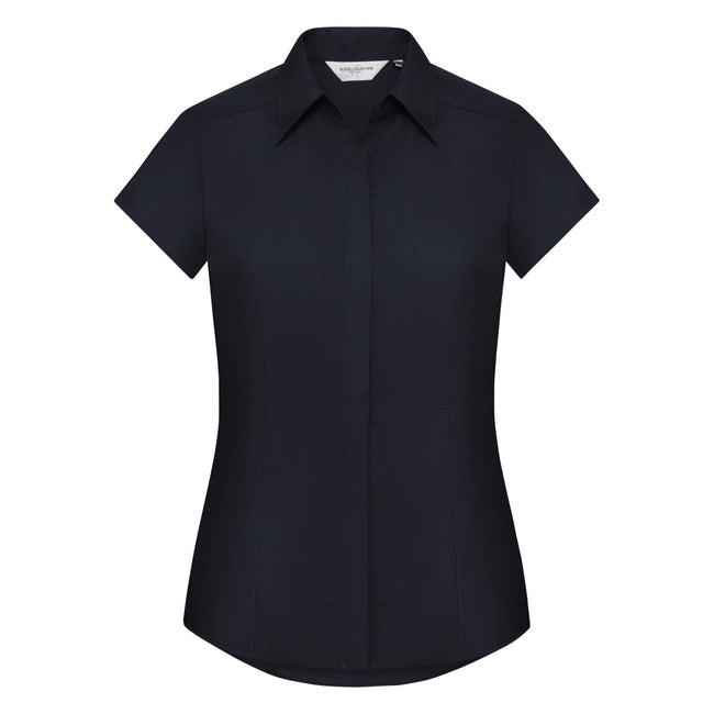 Dunkelblau - Front - Russell Collection Easy Care Fitted Poplin Bluse, kurzarm