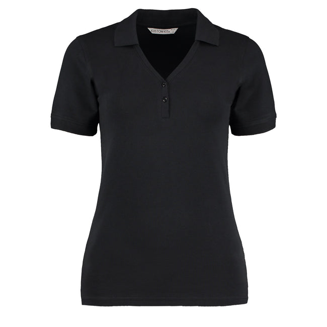 Schwarz - Front - Kustom Kit Sophia Comfortec® Damen Kurzarm-Poloshirt mit V-Ausschnitt
