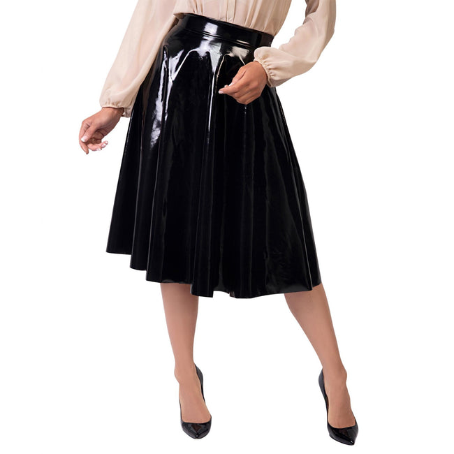 Schwarz glänzend - Front - Krisp Damen Kunstleder-Faltenrock, glänzend, mittlere Länge