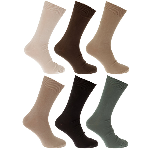 Braun-Beige-Olive - Front - Herren Socken, 100% Baumwolle, 6er-Pack