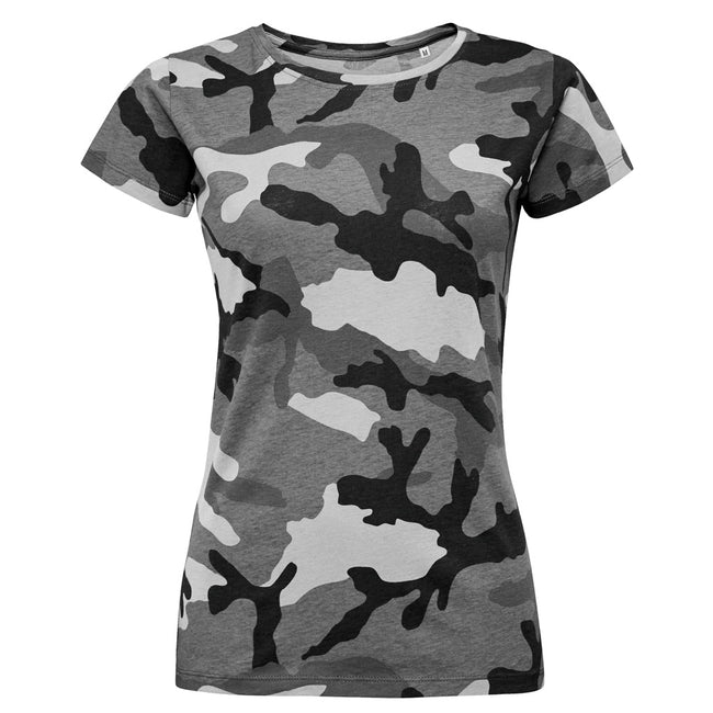 Grau Camo - Front - SOLS Damen T-Shirt mit Tarnmuster, Kurzarm