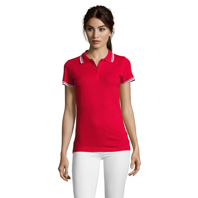 Rot-Weiß - Back - SOLS Damen Pasadena Pique Polo-Shirt, kurzärmlig