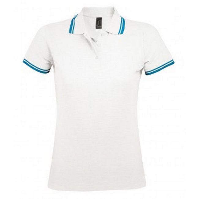 Weiß-Wasserblau - Front - SOLS Damen Pasadena Pique Polo-Shirt, kurzärmlig
