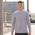 Weiß-Oxford Marineblau - Side - Skinni Fit Unisex Langarm Streifen T-Shirt