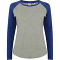 Grau meliert-Königsblau - Front - SF - T-Shirt für Damen - Baseball Langärmlig