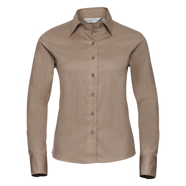 Khaki - Front - Russell Collection Damen Hemd - Bluse, Langarm