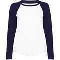 Weiß-Marineblau - Front - Skinni Fit Damen Baseball T-Shirt, langärmlig
