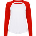 Weiß-Rot - Front - Skinni Fit Damen Baseball T-Shirt, langärmlig
