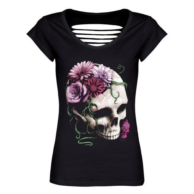 Schwarz - Front - Requiem Collective Damen T-Shirt mit Totenkopf, Blumen und raffiniertem Rückenausschnitt