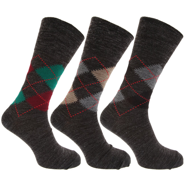 Grautöne - Front - Herren Socken mit Rautenmuster, nicht-einschneidende Bündchen, 3er-Pack