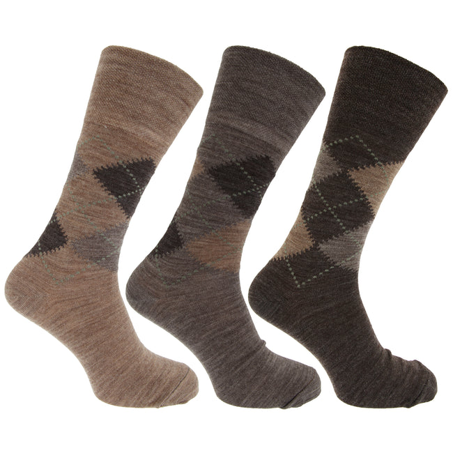 Brauntöne - Front - Herren Socken mit Rautenmuster, nicht-einschneidende Bündchen, 3er-Pack
