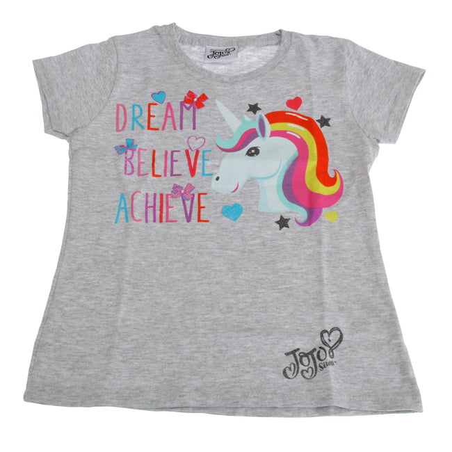 Grau - Front - Jojo Siwa Kinder - Mädchen T-Shirt Dream Believe Achieve, mit EInhorn-Motiv