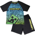 Schwarz-Blau-Grün - Front - Minecraft - Schlafanzug mit Shorts für Jungen