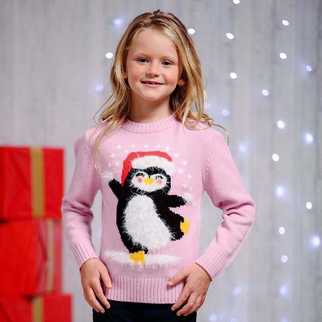 Pink - Back - Weihnachtspullover Kinder Pinguin
