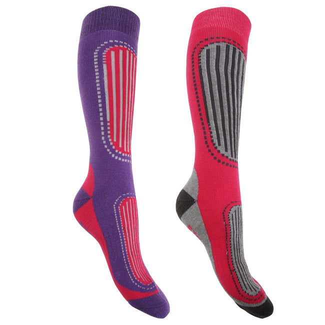 Fuchsia-Violett - Front - FLOSO Damen Ski-Socken, 2er-Pack