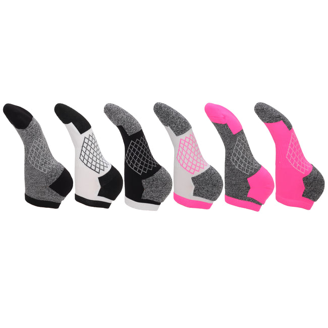 Schwarz-Weiß-Grau-Pink - Front - Red Tag Active Sportswear Damen Sport-Sneakersocken mit Rautenmuster-Sohle, 6er-Pack